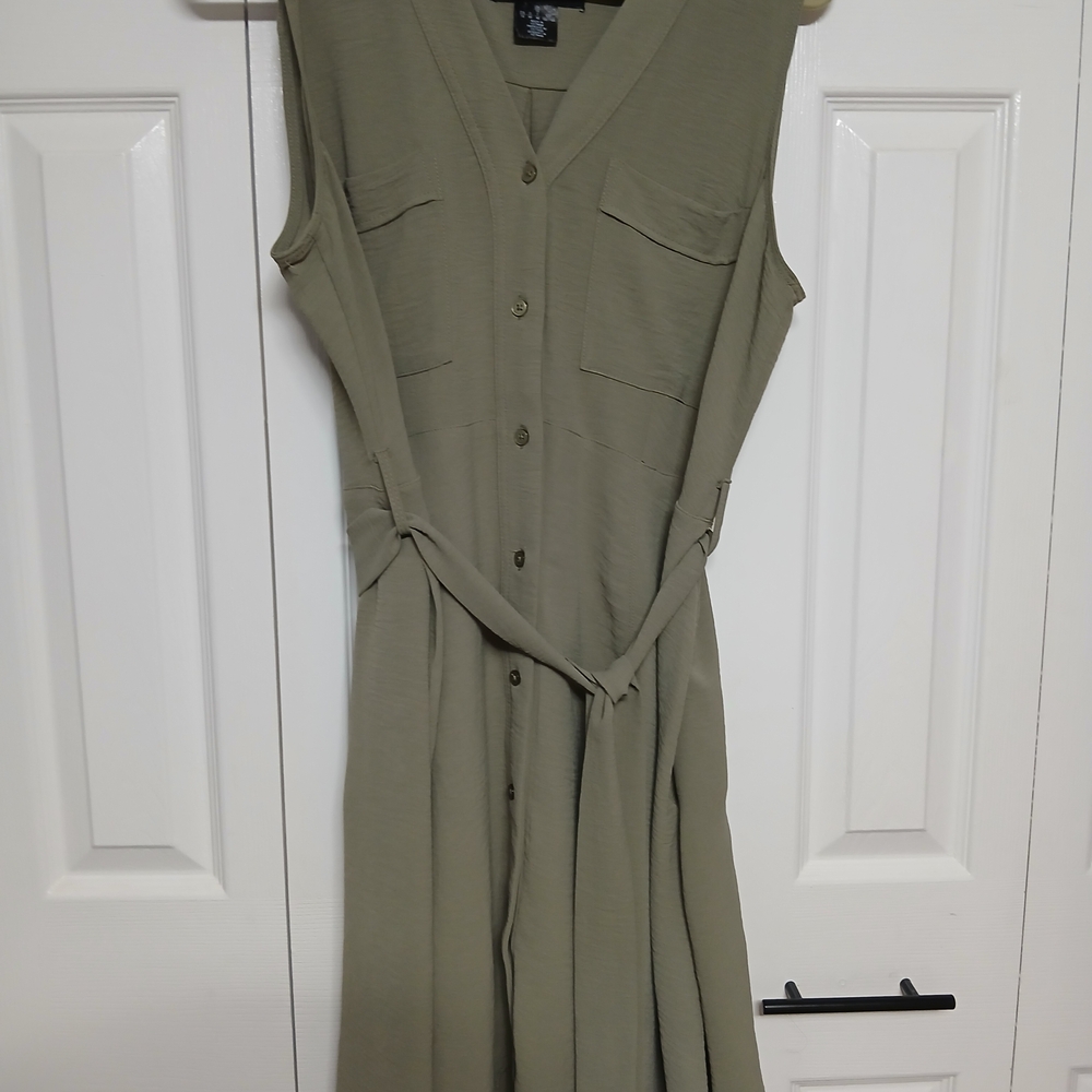 DKNY Olive Shirt Dress Sleeveless Belted Button Pockets Knee Length Size 16